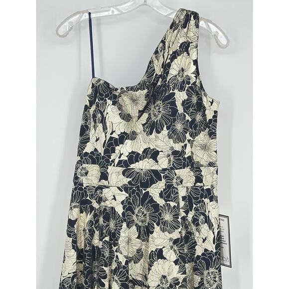 Betsy & Adam Metallic Floral One Shoulder Gown Size 14 Navy Gold A-Line Formal - Picture 8 of 16